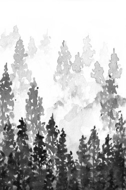 Vadilerdeki Spurce 'ın manzara resmi. Doğal peyzajlar arka planlar, baskılar, oda dekorasyonları, doğal tasarımlar vs. için siyah mürekkeple boyanır..