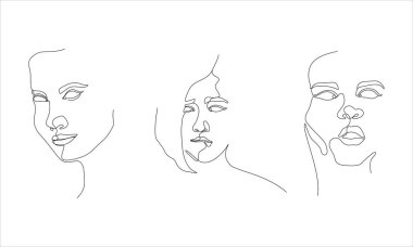 Etkileyici ve zarif bir kadının yüzünün bir çizgi sanat tarzında resmedilmiş hali. Cilt bakımı ve güzellik ürünü ikonu paketi, resim baskıları, posterler vs. için en iyi kullanılan vektör içinde sürekli çizim.