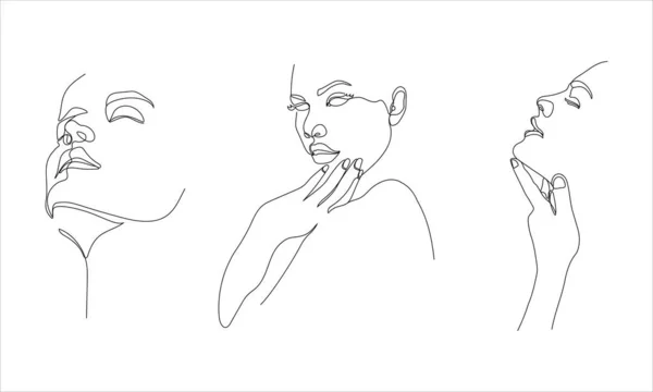 Illustration Des Visages Expressifs Élégants Femme Dans Style Art Linéaire — Photo