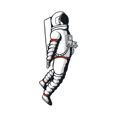 Yüzen bir astronotun gerçekçi çizimi. Kozmonotun yaratıcı vektör çizimi. Fütürist ve modern temalar için karikatür tarzında resimlendirilmiş.