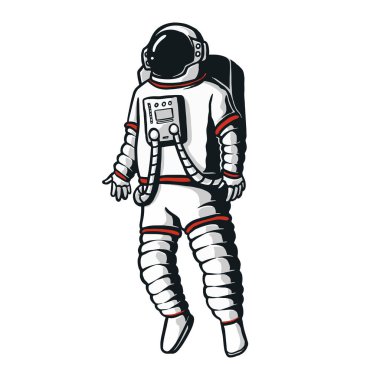 Yüzen bir astronotun gerçekçi çizimi. Kozmonotun yaratıcı vektör çizimi. Fütürist ve modern temalar için karikatür tarzında resimlendirilmiş.