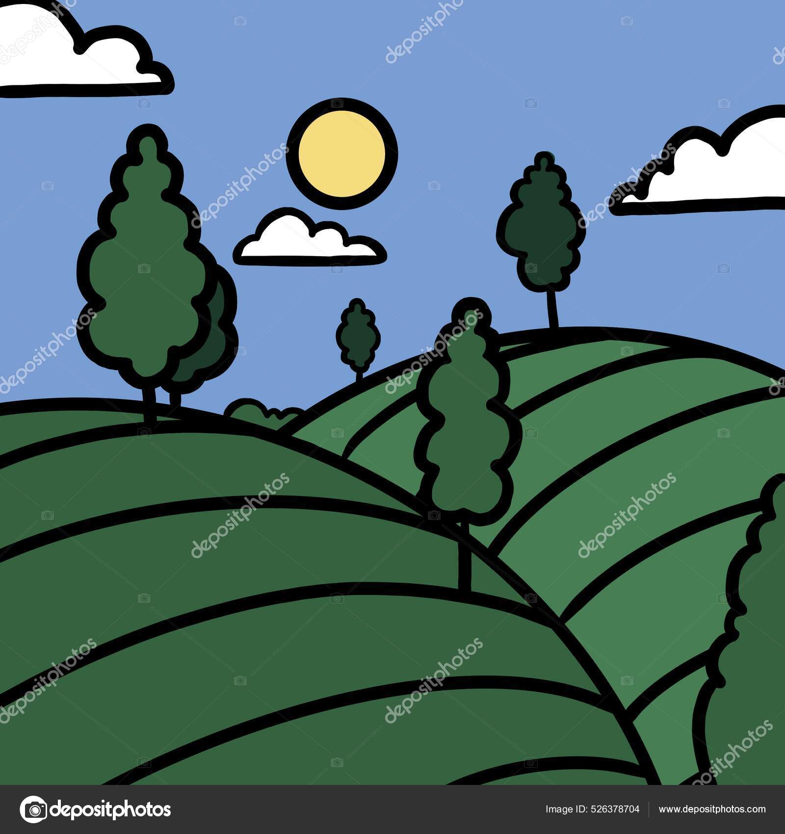 a landscape illustration in a square. simple cartoon drawing in