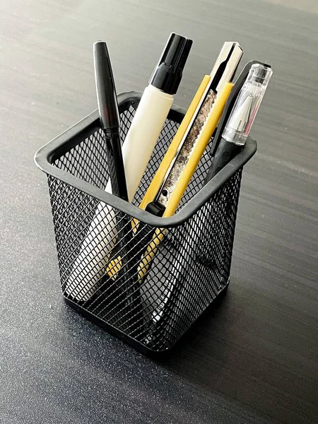 Black Box Storage Pen Table Many Stationary — Stock Photo, Image