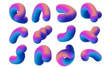 Gradyan çoklu renklerde 3D sıvı biçimsiz küme. Soyut şekiller mordan mavi gradyana resimleme yapar. Modern fütüristik tasarım için renkli element.