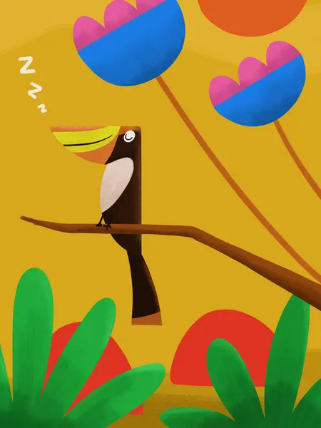 Śpiący Ptak Gałęzi Narysowany Kolorowym Stylu Zabawna Ilustracja Kreskówki Lekkim — Zdjęcie stockowe