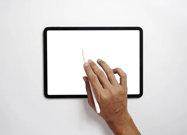 Men Use Digital Tablets Desks Blank Screens Mock Flat Lay — Stock Photo, Image