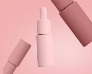 Güzellik ürünleri tasarımı için üç boyutlu kozmetik şişeleri. Model modeller için pembe paketleme.