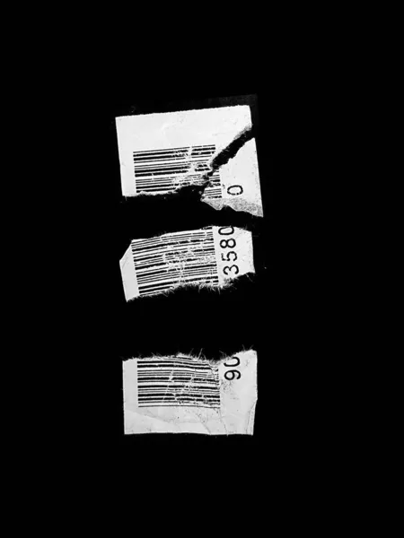 Desgarrado Código Barras Pegatina Composición Aislado Backrgound Negro — Foto de Stock