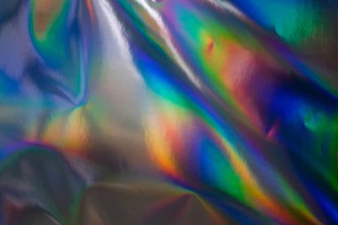 Renkli holografik arka plan. Doku için modern gökkuşağı folyosu, kapak, duvar kağıdı, baskı, dereotu. Koyu fütüristik bulanık hologram ve soyut eğim renkleri. 