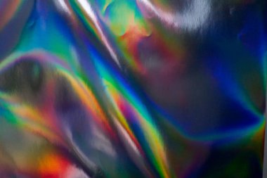 Renkli holografik arka plan. Doku için modern gökkuşağı folyosu, kapak, duvar kağıdı, baskı, dereotu. Koyu fütüristik bulanık hologram ve soyut eğim renkleri. 