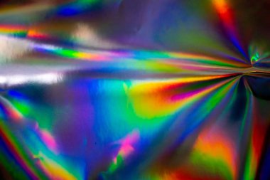 Renkli holografik arka plan. Doku için modern gökkuşağı folyosu, kapak, duvar kağıdı, baskı, dereotu. Koyu fütüristik bulanık hologram ve soyut eğim renkleri. 