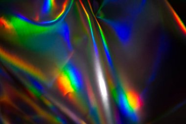 Renkli holografik arka plan. Doku için modern gökkuşağı folyosu, kapak, duvar kağıdı, baskı, dereotu. Koyu fütüristik bulanık hologram ve soyut eğim renkleri. 