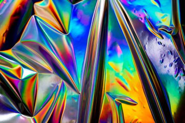 Renkli holografik arka plan. Doku için modern gökkuşağı folyosu, kapak, duvar kağıdı, baskı, dereotu. Koyu fütüristik bulanık hologram ve soyut eğim renkleri. 