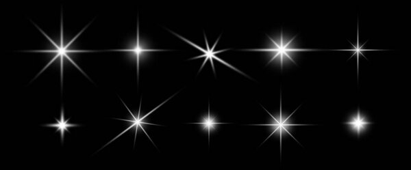 a collection of isolated stars in a black background. graphic elements for small star highlights. 