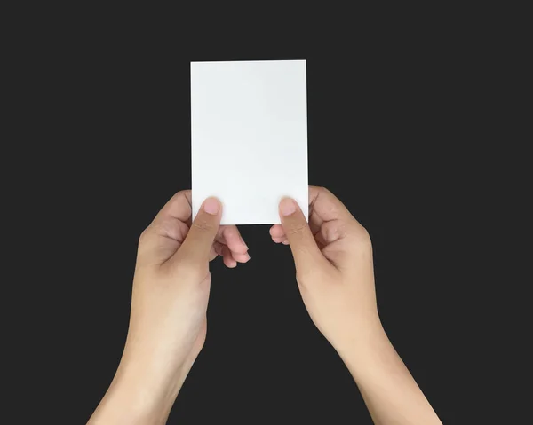 Zbliżenie Dwóch Rąk Trzymających Białą Kartkę Pokazujący Wirtualny Szablon Wizytówki — Zdjęcie stockowe