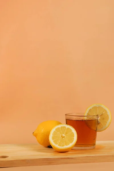 Cup Tea Sliced Orange Placed Side Corner Object Photo Suitable — Stock Photo, Image