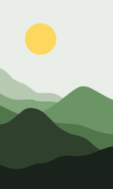 Basit ve minimalist bir tasarımla bir manzara çizimi. Asgari renk kompozisyonu içinde doğanın yaratıcı soyut illüstrasyonu. macera temalı görünüm.