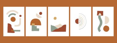 Elle çizilmiş boho geometrik şekil toprak tonunda veya sonbahar renginde. Moda ve modaya uygun bohem minimalist tasarım konsepti. yazdırma, web ve sosyal medya için modern vektör.