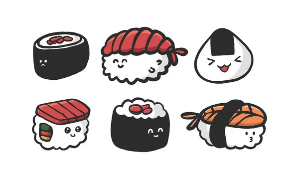 Lindo Vector Sushi Ilustración Con Emoción Facial Caricatura Comida Japonesa — Vector de stock