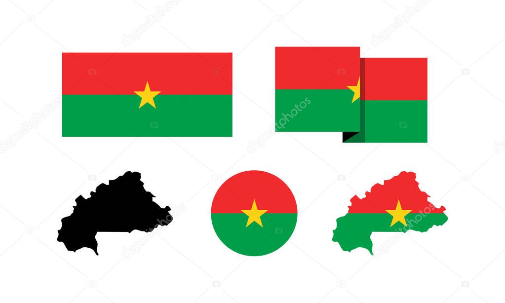 Burkina Faso attributes. flag in rectangle, round, and maps. set of element vector illustrations for national celebration day.
