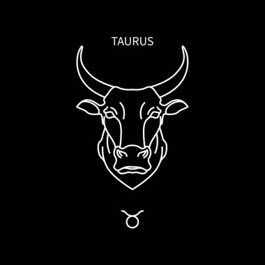 On iki burç takımyıldızında boğa burcu sembolü. Siyah arka planda izole edilmiş düz çizgi burçlar. Vektör içinde astroloji ve mitoloji koleksiyonu.