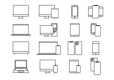 cihaz ve cihaz örnekleme seti. Telefon, tablet, dizüstü bilgisayar ve bilgisayar tasarımı. Teknolojik şeylerin vektör ögesi grafiği.