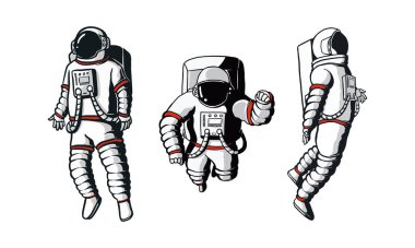 Yüzen bir astronotun gerçekçi resimlerinden oluşan bir koleksiyon. Kozmonotun yaratıcı vektör çizimi. Fütürist ve modern temalar için karikatür tarzında resimlendirilmiş.