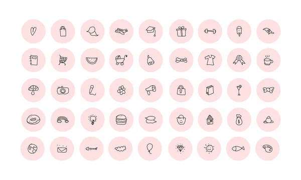 Set Cute Icon Illustration Collection Highlight Cover Doodle Illustration Rounded — Vetor de Stock