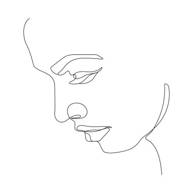 a one line art illustration of a woman's face. a continuous hand drawn drawing in vector. an illustration for an art print, tattoo, beauty product or shop, etc.