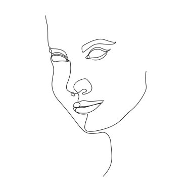 a one line art illustration of a woman's face. a continuous hand drawn drawing in vector. an illustration for an art print, tattoo, beauty product or shop, etc.