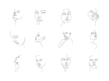 set of one line art illustrations of women's faces. a continuous hand drawn drawing in vector. an illustration for an art print, tattoo, beauty product or shop, etc.