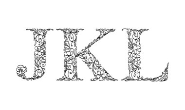 floral illustration alphabet j, k, l,, vector graphic font made by flower and leaf plant creative hand drawn line art for abstract and natural nature style looks in unique monochrome design decoration