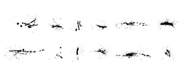 Grafik tasarım elementleri için siyah mürekkep koleksiyonu. Soyut mürekkep darbesi ve beyaz kağıda sıçramış doku. Kirli doku için el çizimi illüstrasyon fırçası.