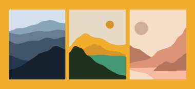 minimalist landscape vector illustration. creative abstract scenery of the mountain, ocean, lake, and sky. sunset and sunrise nuance in earth tone color. trendy contemporary design illustration.