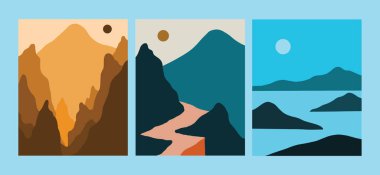 minimalist landscape vector illustration. creative abstract scenery of the mountain, ocean, lake, and sky. sunset and sunrise nuance in earth tone color. trendy contemporary design illustration.