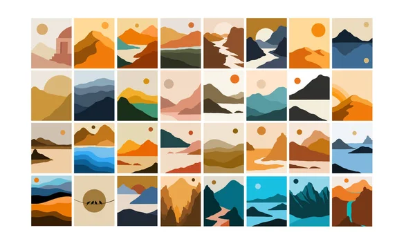 minimalist landscape vector illustration. creative abstract scenery of the mountain, ocean, lake, and sky. sunset and sunrise nuance in earth tone color. trendy contemporary design illustration.