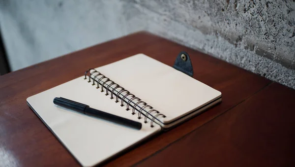 Opened Blank Notebook Wooden Desk Creative Workspace Layout Educational Business — Stockfoto