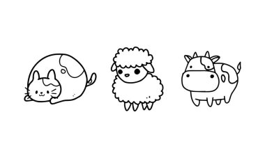 cute fat kitten, sheep, and cow illustration. friendly funny animals cartoon collection. colorless animal drawing isolated on white background in vector design.