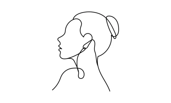 One Line Continuous Drawing Female Head Hair Bun Side Hand — Vetor de Stock