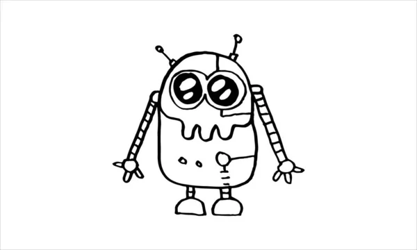 Cute Robot Puffy Eyes Animated Hand Drawn Doodle Style Illustration — Vetor de Stock