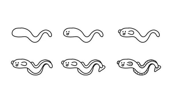 How Draw Cute Electric Eel Step Step Sea Animal Cartoon — Stok Vektör