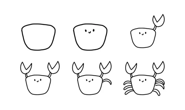 How Draw Cute Crab Step Step Sea Animal Cartoon Coloring — 图库矢量图片