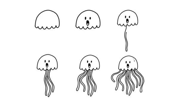 How Draw Cute Jellyfish Step Step Sea Animal Cartoon Coloring — ストックベクタ