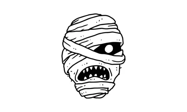 Scary Angry Mummy Head Isolated White Background Outlined Cartoon Drawing — стоковый вектор