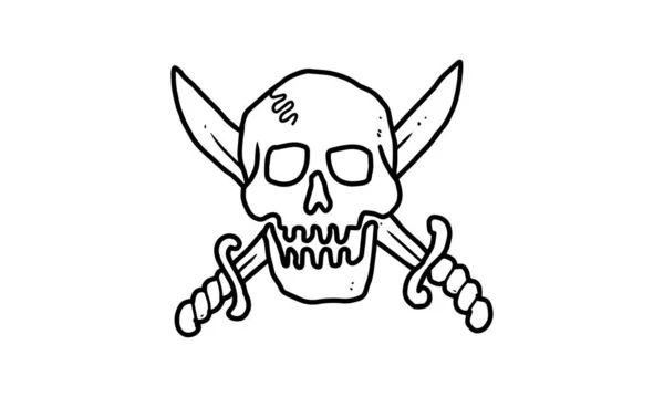 Pirate Skull Sword Isolated White Background Outlined Cartoon Drawing Creepy — Vetor de Stock