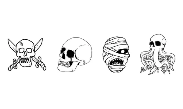 Skull Pirate Logo Mummy Head Kraken Set Isolated White Background — Vetor de Stock