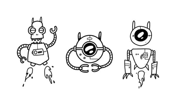 Funny Futuristic Robots Cartoon Set Isolated White Background Cute Colorless — Vector de stock