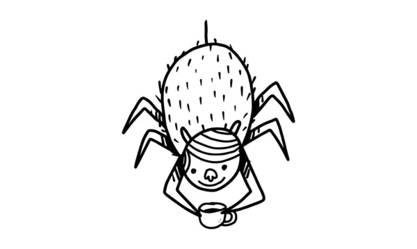 壁にかかってる可愛い毒蜘蛛の幽霊ファンタジー 笑顔で面白い虫がコップを持ってる 白い背景に無色のアイコンが孤立しています ドアベクトルのデザイン — ストックベクタ