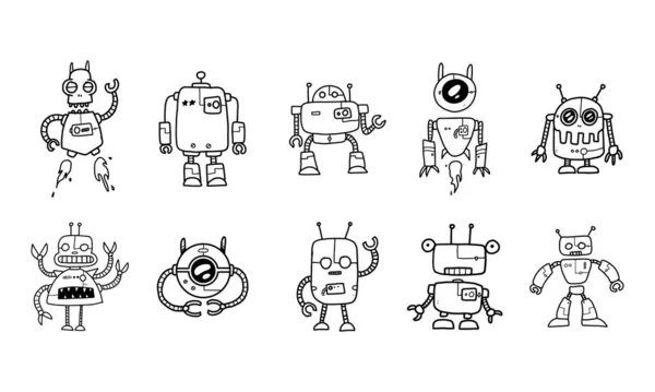 Funny Futuristic Robots Cartoon Set Isolated White Background Cute Colorless — Stock Vector