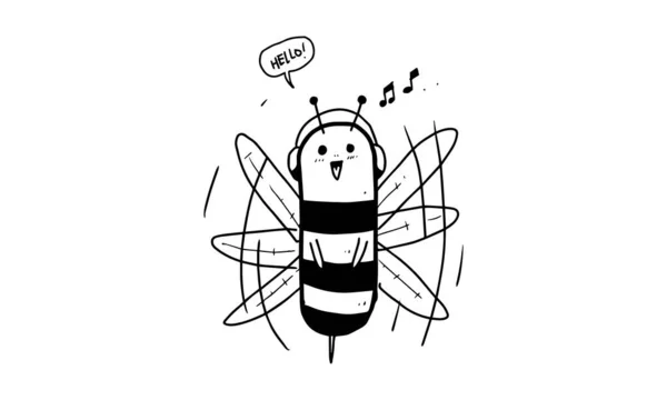 Cute Bee Headset Illustration Colorless Cartoon Drawing Coloring Activities Fun — 스톡 벡터